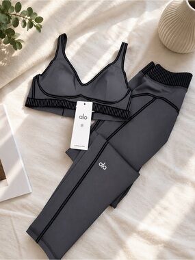ALO Yoga Black Seam-Trim Bralette & Legging Set